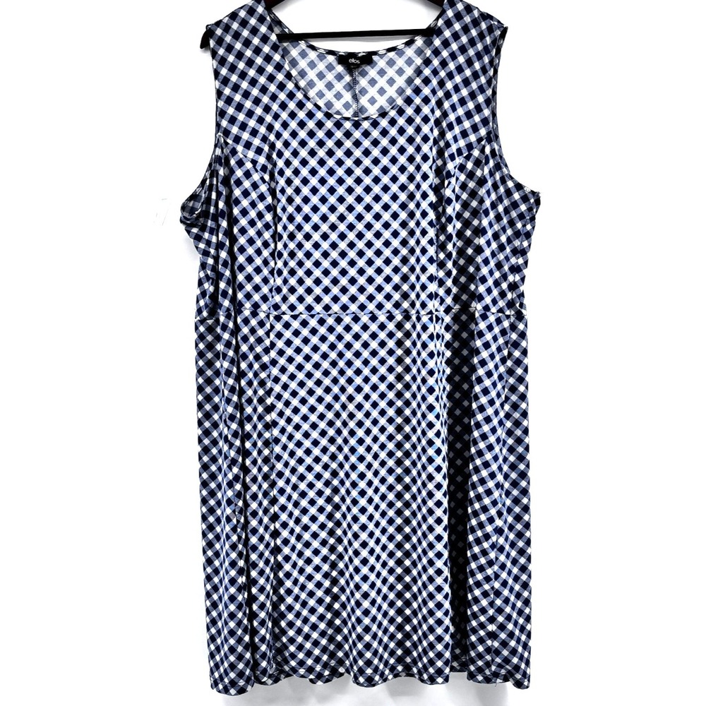 Ellos Fit & Flare Dress Sz 3X Midi Blue White Stretch Sleeveless Feminine Summer